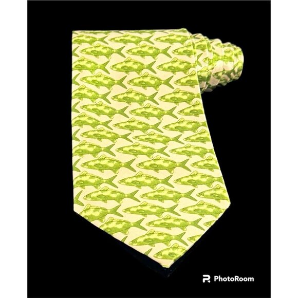 Fishing Fish Necktie Mens Green Gold Fathers Day Dad Pisces Wedding Tie Outdoors - Picture 3 of 11